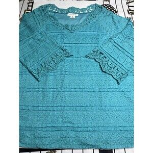 Skye’s The Limit Teal Blue Lace Crocheted Lined Tunic 3/4 Sleeve Top Sz 2X
